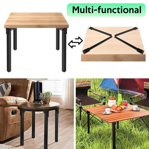 Heavy Duty Folding Table Legs 4 Pack For DIY Desks Camping Cabinets And Coffee Tables shown in various setups