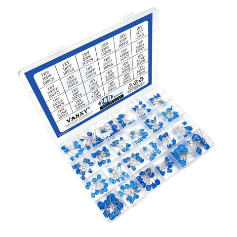 High Voltage Ceramic Disc Capacitor Kit, 1KV DIP, 240 Pieces, 24 Values From 10pF To 100nF assortment in open box