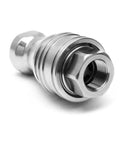 3/8 Inch NPT Hydraulic Quick Connect Coupler Set Built From Tough As Nails 316 Stainless Steel, showing detailed threading and smooth finish.