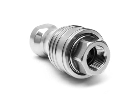 3/8 Inch NPT Hydraulic Quick Connect Coupler Set Built From Tough As Nails 316 Stainless Steel, showing detailed threading and smooth finish.