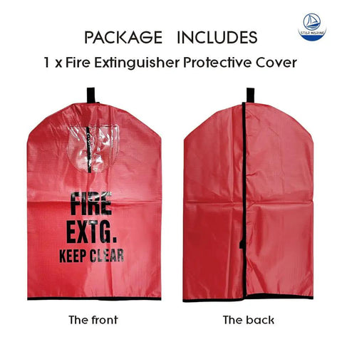 Heavy Duty Fire Extinguisher Cover With Window For 10 To 20 Lb Units Durable PVC Sleeve With Wear Resistant Build And Black Trim Easy Hook And Loop Closure For Quick Install Bright Red For Clear Visibility 17 In Wide By 25 In Long