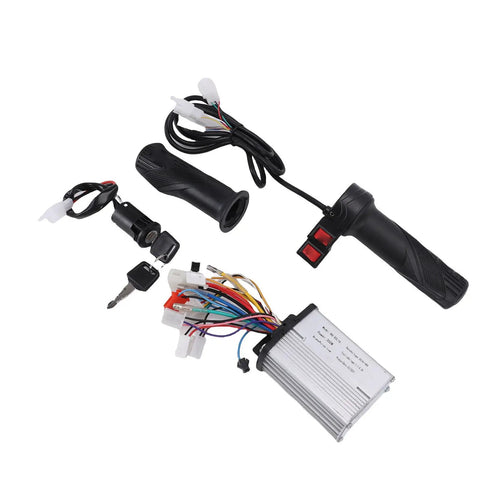 350W Electric Motor Controller Kit with Efficient Heat Dissipation for E Bikes Trikes and Motorcycles Aluminum Alloy Housing Rubber Brushed Throttle Grip Ignition Switch with 2 Keys Ride Ready Safe Reliable Integration components displayed