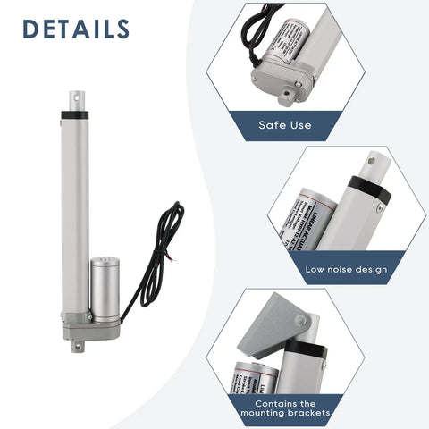 Details of Beefy 12V DC Linear Actuator With 8 Inch Stroke 900N 225 Lbs Max Lift 10mm Per Second Speed Aluminum Alloy Body IP54 Dust and Water Resistant