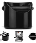 Grindenstein Espresso Knock Box Sturdy and Compact Black Coffee Grounds Container with steel-core bar, shown in use.