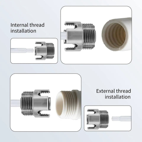 3Pcs PVC Pipe Threader Tool Kit For 1/2 And 3/4 Inch Plastic Pipes with internal and external thread installation views.