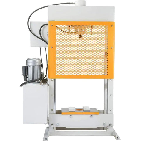 No Nonsense 30 Ton Electric Hydraulic Shop Press Heavy Workhorse For Auto Shop Repair showing steel frame and motor.