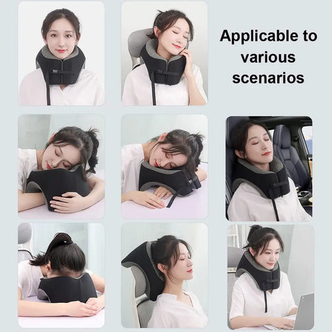 Memory Foam Travel Neck Pillow And Desk Wedge For Napping, Reading, And Office Comfort shown in various use scenarios