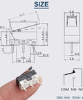 20 Piece Micro Limit Switch Set NO NC With Hinge Lever 3 Pin 125V 1A Momentary Button shown in hand and technical drawing
