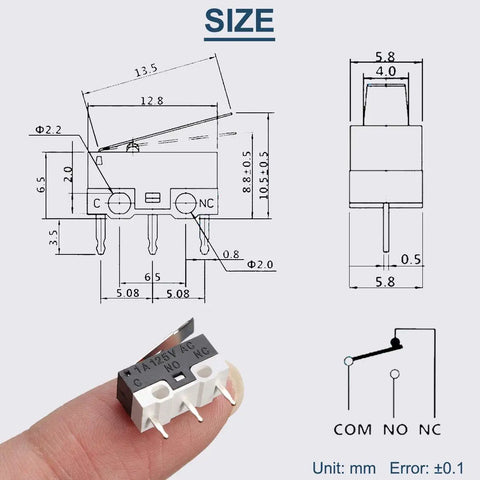 20 Piece Micro Limit Switch Set NO NC With Hinge Lever 3 Pin 125V 1A Momentary Button shown in hand and technical drawing
