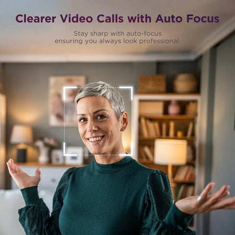 Woman smiling in a home setting, showcasing the Straight Up 1080P HD Webcam With Kickass AI Noise Cancellation.