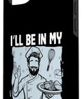 iPhone 15 Plus case with 'I'll Be In My Office' kitchen quote, featuring a chef graphic, durable two-part design with black polycarbonate.