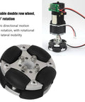 Double aluminum omni wheel with black rubber segments; front view