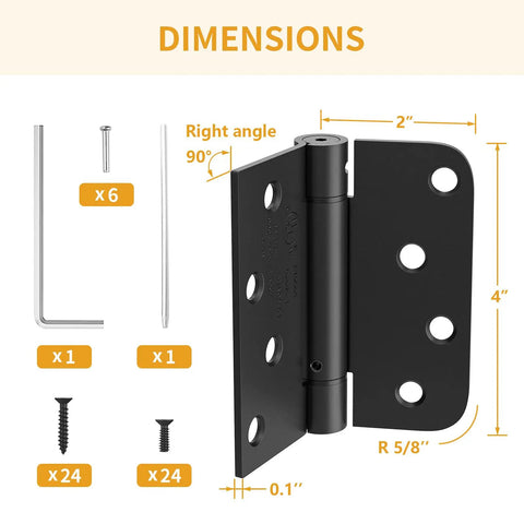 3 Pack 4 Inch Self Closing Spring Hinges For Doors Heavy Duty Steel Build showing dimensions and components for installation.