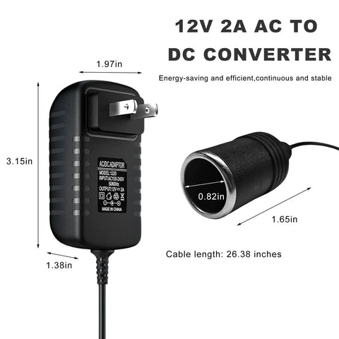 AC To DC Converter, 220V To 12V Adapter, 2A 24W Power Cord with 26.38 inch cable, designed for dash cam or air purifier.