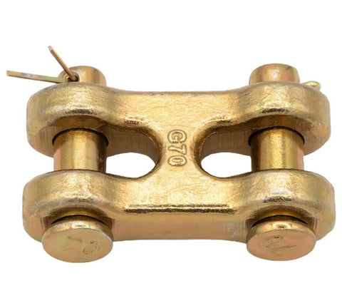 Close-up of One Half Inch G70 Chain Double Clevis Mid Link Tie Down Links for Truck and Trailer Towing Four Pack Heavy Duty High Strength Forged Carbon Steel