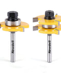 Tongue and Groove Router Bit Set, 1/4 inch shank, 2-pack, for 3/4 inch stock, 1/2 inch cutting depth, three-teeth T-shape, woodworking.