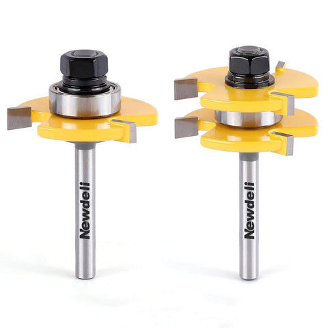 Tongue and Groove Router Bit Set, 1/4 inch shank, 2-pack, for 3/4 inch stock, 1/2 inch cutting depth, three-teeth T-shape, woodworking.