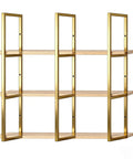 Beast Mode 3 Tier Floating Shelf Brackets Industrial Wall Mount Hardware For Ceiling Install Heavy Duty Storage Support Rack with gold frames and wood shelves.