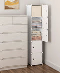 Five Cube Storage Cabinet With Doors For Small Spaces Space Saver Tall Plastic Organizer Shelves in white, beside dresser
