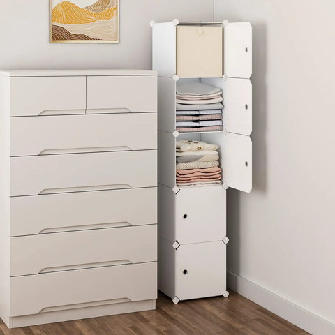 Five Cube Storage Cabinet With Doors For Small Spaces Space Saver Tall Plastic Organizer Shelves in white, beside dresser