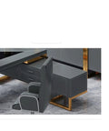 Solid As A Rock L Shaped Desk With Blue And Gold Finishes Heavy Duty Executive Computer Table Workhorse For Modern Home Office Setup Featuring Deep Drawer And Level Base close-up showing gray and gold finishes with adjustable feet.