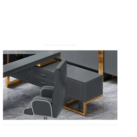 Solid As A Rock L Shaped Desk With Blue And Gold Finishes Heavy Duty Executive Computer Table Workhorse For Modern Home Office Setup Featuring Deep Drawer And Level Base close-up showing gray and gold finishes with adjustable feet.