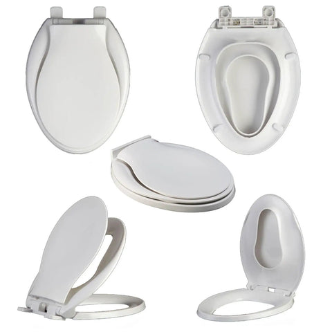 No Sweat Soft Close Square Toilet Seat With Built In Toddler Training Contour, showing multiple angles and features of design.