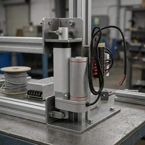 Heavy Duty 12V DC Linear Actuator Serving A Rock Solid 900 Newtons Of No Sweat Push Pull Movement With Waterproof Aluminum Housing And Mounting Brackets For Smooth Small Automation Builds mounted on a machine frame.