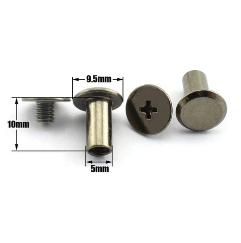 Heavy Duty Pro Grade 50 Piece Chicago Screw Set 5 X 10mm Black Binding Fasteners With Phillips Drive For Bookbinding Leather Crafting Rust Resistant Diy Assembly Zero Fuss Setup, showing detailed screws and measurements.