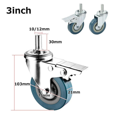 Close-up of 75 mm furniture casters pack of 4 swivel casters with brakes low noise transport casters heavy duty casters load capacity 80 kg M10 M12 shaft casters industrial casters.