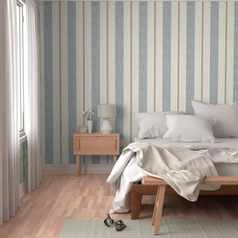 Top Tier Striped Modern PVC Free Wallpaper With Matte Linen Look Built Tough For Kitchens Bathrooms And Mudrooms Paste To Paper Application Straight Up Pro Grade Home Makeover in a stylish bedroom setting.