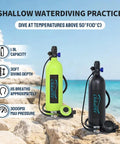 1.9L Mini Scuba Tank For Adults Portable Diving Kit For Snorkeling And Shallow Water Exploration Lightweight Green on rocky beach