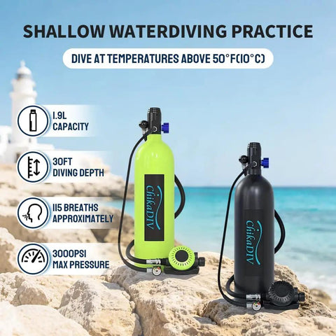 1.9L Mini Scuba Tank For Adults Portable Diving Kit For Snorkeling And Shallow Water Exploration Lightweight Green on rocky beach