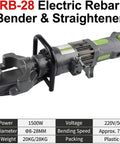 Handheld Hydraulic Steel Bar Bender And Rebar Straightener Combo Tool For 4Mm To 32Mm Deformed Rods, showing a 1500W electric tool with adjustable bending capabilities.