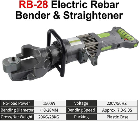 Handheld Hydraulic Steel Bar Bender And Rebar Straightener Combo Tool For 4Mm To 32Mm Deformed Rods, showing a 1500W electric tool with adjustable bending capabilities.