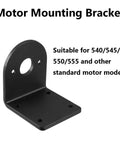 Front view: two-piece black metal L-shaped motor mounting bracket with base plate and vertical arm, large central hole on vertical plate