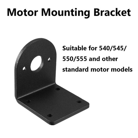 Front view: two-piece black metal L-shaped motor mounting bracket with base plate and vertical arm, large central hole on vertical plate