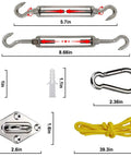 Heavy Duty Stainless Steel Shade Sail Hardware Kit For Triangle Square And Rectangle Sails Rust Proof 304 Stainless Built Tough For Patio And Lawn Outdoor Shade Sail Installations showing turnbuckles, screws, carabiner, and rope.