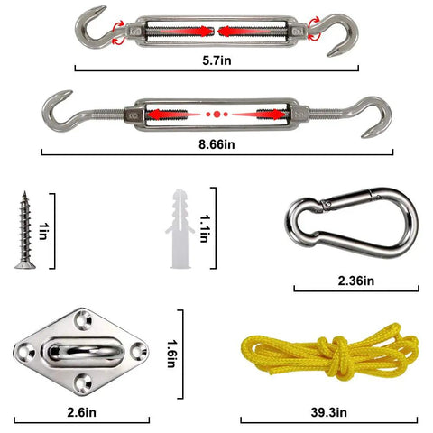 Heavy Duty Stainless Steel Shade Sail Hardware Kit For Triangle Square And Rectangle Sails Rust Proof 304 Stainless Built Tough For Patio And Lawn Outdoor Shade Sail Installations showing turnbuckles, screws, carabiner, and rope.