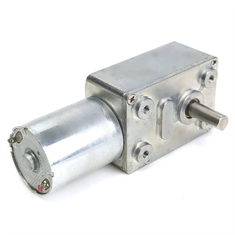 Hella Durable Metal Worm Gear Speed Reducer Motor 6V 12V 24V DC with shiny metal housing and shaft for DIY build automation.