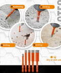Dry Diamond Drill Bits Set With Quick Change Hex Shank For Granite Marble Porcelain Ceramic Tile, Includes Four 1/4 Inch Diamond Bits And One 1/4 Inch Carbide Drill Bit, shown drilling various surfaces.