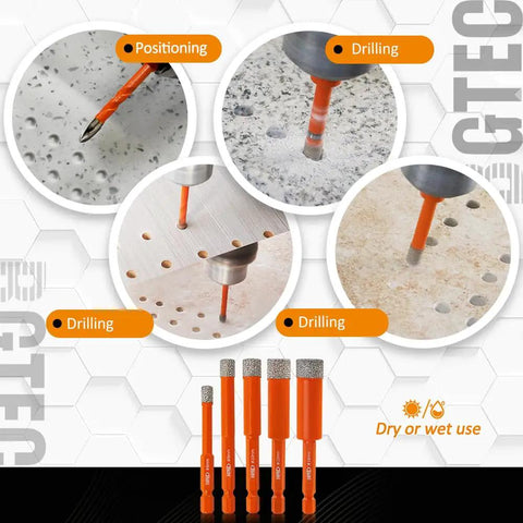 Dry Diamond Drill Bits Set With Quick Change Hex Shank For Granite Marble Porcelain Ceramic Tile, Includes Four 1/4 Inch Diamond Bits And One 1/4 Inch Carbide Drill Bit, shown drilling various surfaces.
