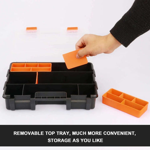 Four Piece Hardware And Parts Organizer Set With Tough Compartments In Multiple Sizes For Easy Tool Storage And Drawer Organization Built For Home Garage And Workshop Use showing removable top tray