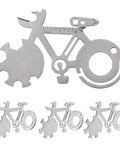Bike Shaped 14 In 1 Pocket Multitool Card with stainless steel construction, 4 pack includes wrenches and openers.