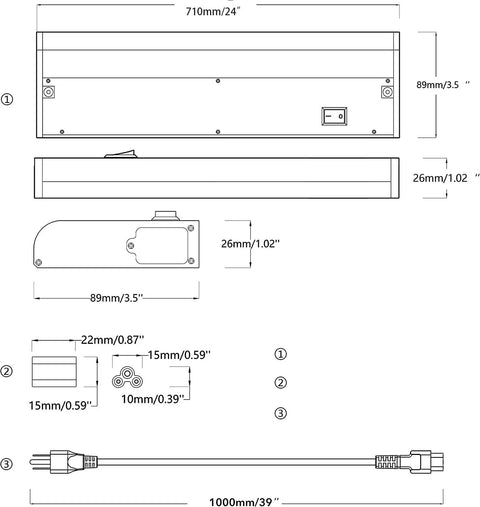 Technical diagram of Smart Under Cabinet LED Lighting Kit 24 Inch, Hardwired, Dimmable White and RGB Color Options.