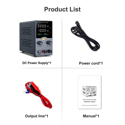 Pro Grade Adjustable DC Power Supply 30V 10A With Precision Encoder Knob 4 Digit LED Display USB Fast Charge includes power cord and manual