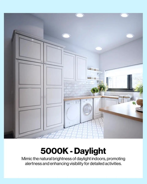 Bright kitchen with 5000K daylight, showcasing Six Pack BR30 LED Recessed Can Light Bulbs Dimmable Indoor Flood.
