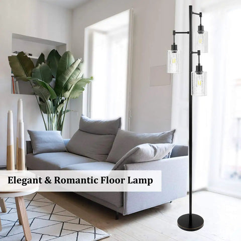 Industrial Tree Floor Lamp With Three Hanging Bubble Glass Shades And Edison LED Bulbs Sturdy Vintage Pole Light For Living Room Bedroom Or Office Farmhouse Rustic Style With 360 Degree Beam Tall Modern Rustic Decor