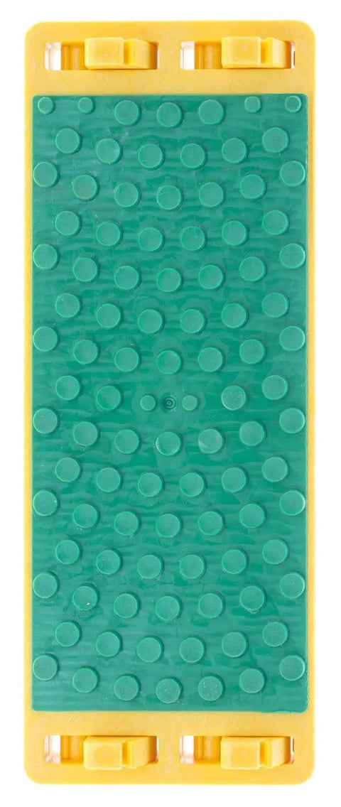 Heavy Duty Smart Heel Hook Push Block With Superior Rock Solid Grip For Tablesaw Safety Kickback Prevention and Smooth Woodworking Control Two Pack Yellow, top view showing green textured surface.