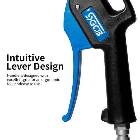 Close-up of ergonomic handle on Angled Quiet Blow Gun With One Quarter Inch NPT, Twelve Inch Long Reach, Scratch Free ABS Nozzle